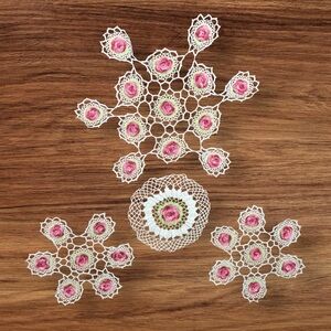 Vintage Handmade Crochet Doilies With Red and Pink Flowers